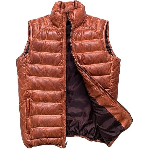 Puffer Vest Mens Real Lamb Leather Down Bubble Vest, Brown